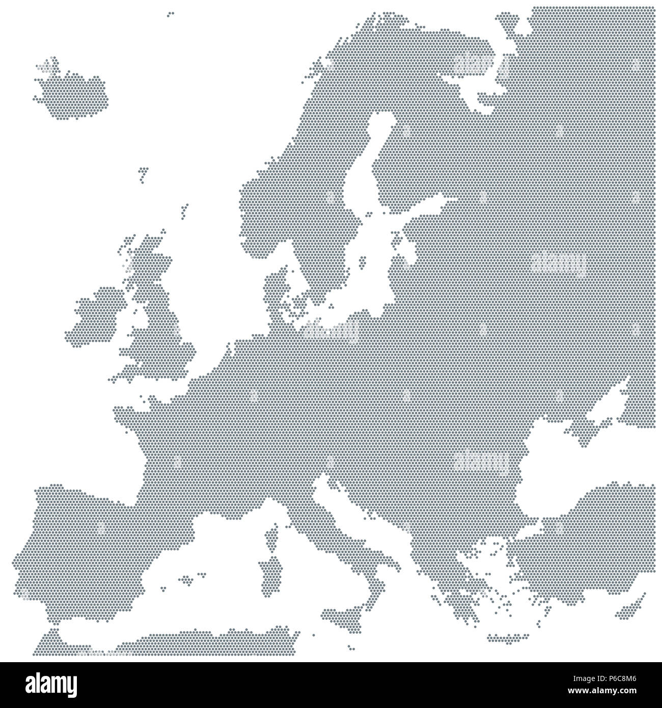 Mappa di Europa fatta di puntini grigi. Silhouette tratteggiata, sagoma e superficie di Europa e circondato regioni. Punti in una fila. Illustrazione. Foto Stock