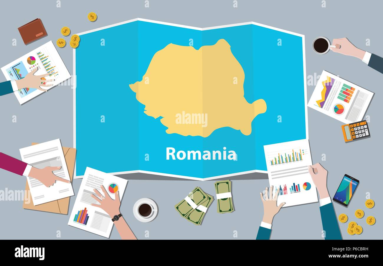 La Romania economia crescita paese nazione team discutete con piega mappe vista dall alto illustrazione vettoriale Illustrazione Vettoriale
