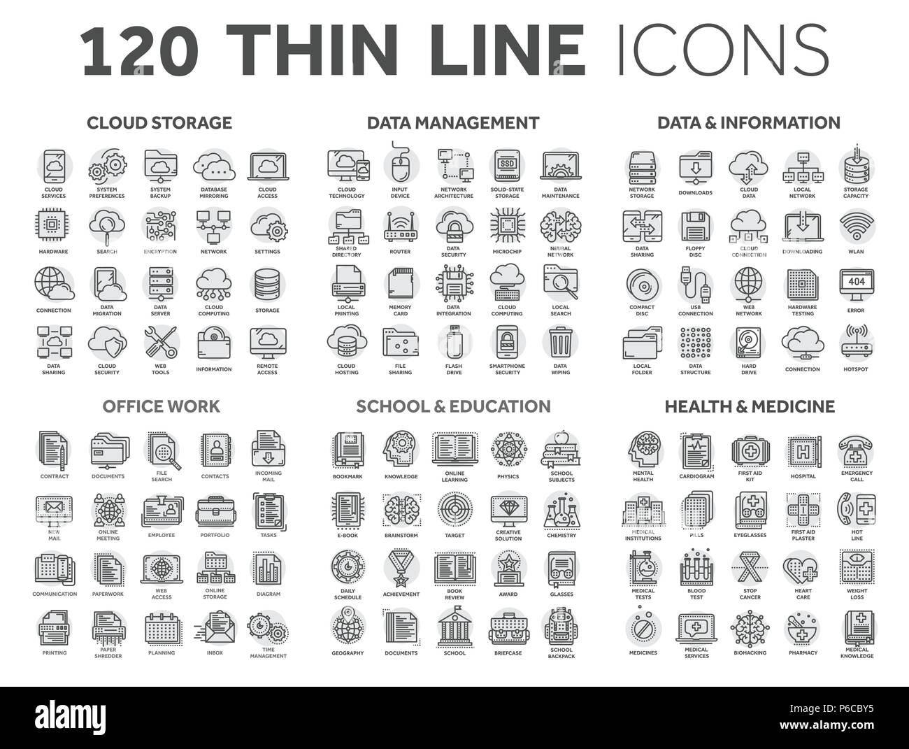 Cloud storage. La gestione dei dati. Computing. Informazioni. La connessione a Internet. Il lavoro di ufficio. Scuola e istruzione. La medicina. Linea sottile icone nere con cerchio set. Corsa. Illustrazione Vettoriale