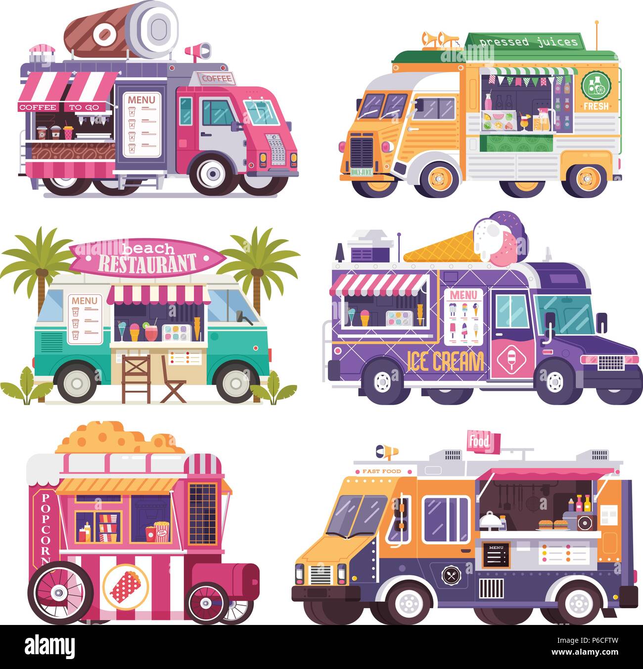 Cucina di strada camion e furgoni icone Illustrazione Vettoriale