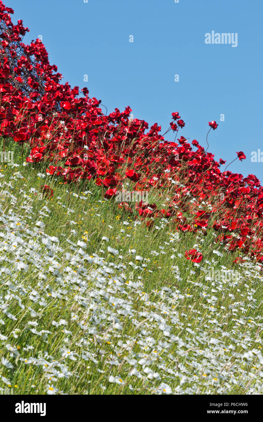 Il "Wave" papaveri in ceramica a Fort Nelson, Portsmouth, Hampshire, Regno Unito. Parte del "sangue spazzata di terre e mari di rosso' arte di installazione Foto Stock