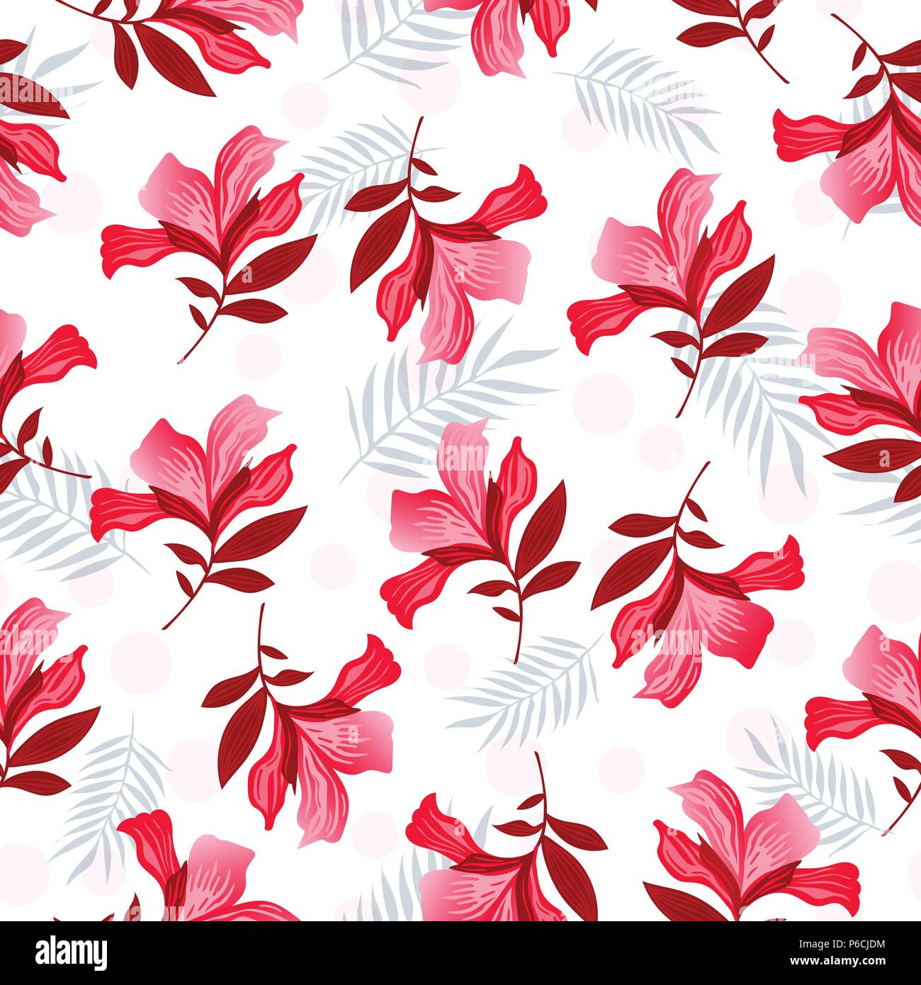 Vettore senza giunture motivo floreale primavera-estate con disegnati a mano design pattern con rosso e fiori di colore rosa, la texture può essere usato per prodotti tessili, tessuti cove Illustrazione Vettoriale