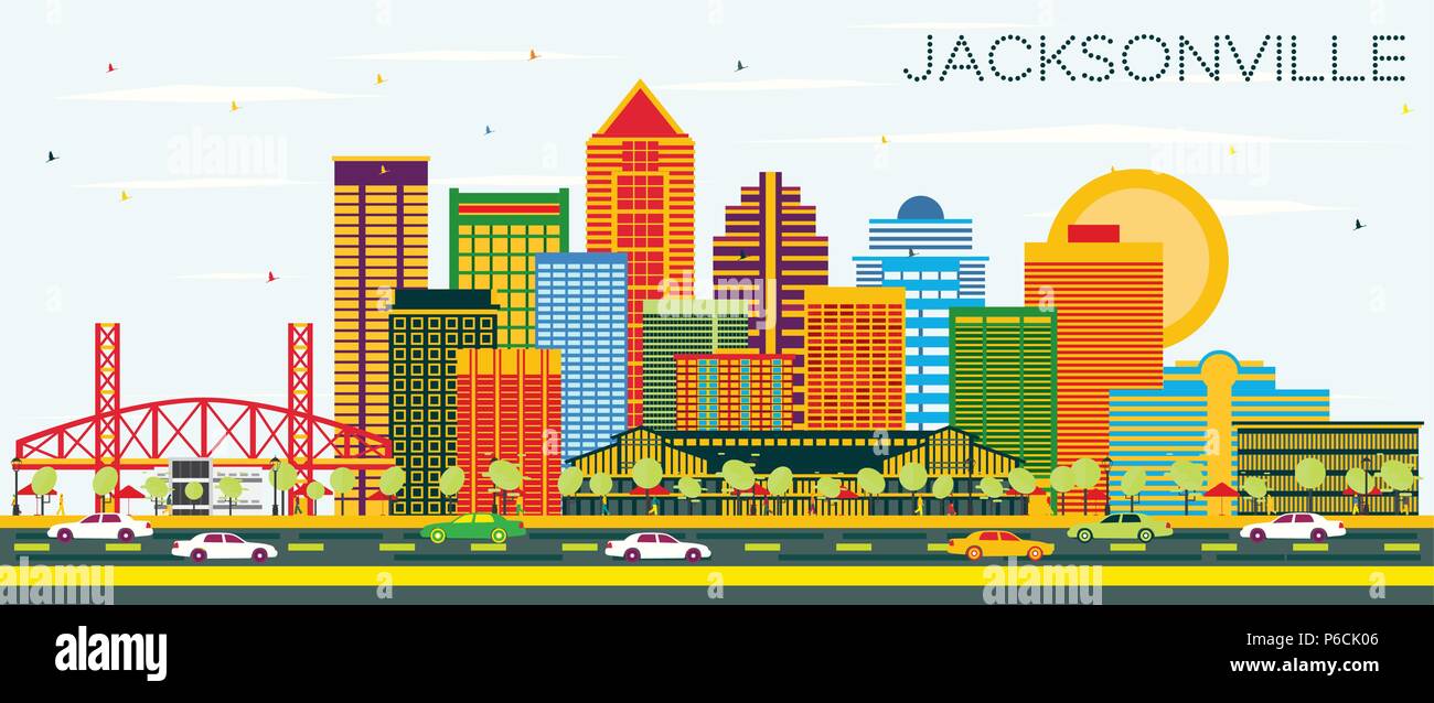 Jacksonville in Florida Skyline con edifici di colore e cielo blu. Illustrazione Vettoriale. Viaggi di affari e di turismo con il concetto di architettura moderna. Illustrazione Vettoriale