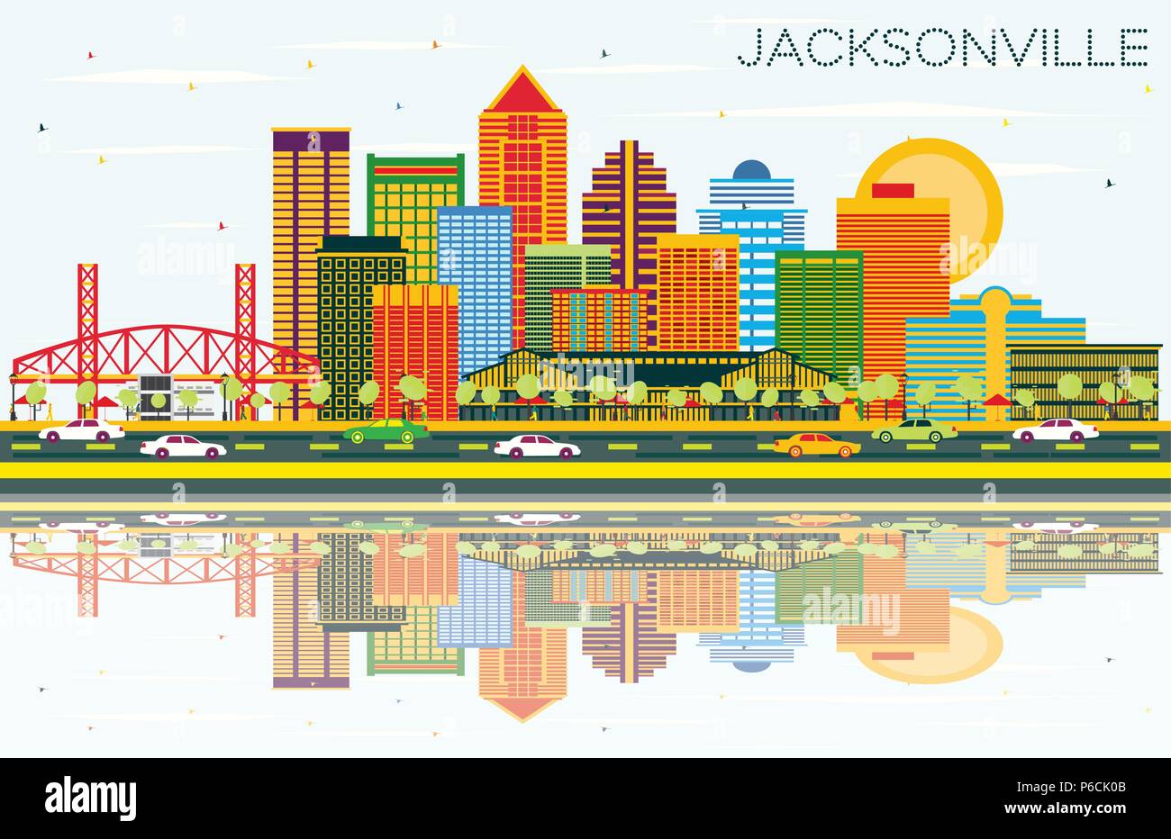 Jacksonville in Florida Skyline con edifici di colore, cielo blu e riflessi. Illustrazione Vettoriale. Viaggi di affari e turismo Concept Illustrazione Vettoriale