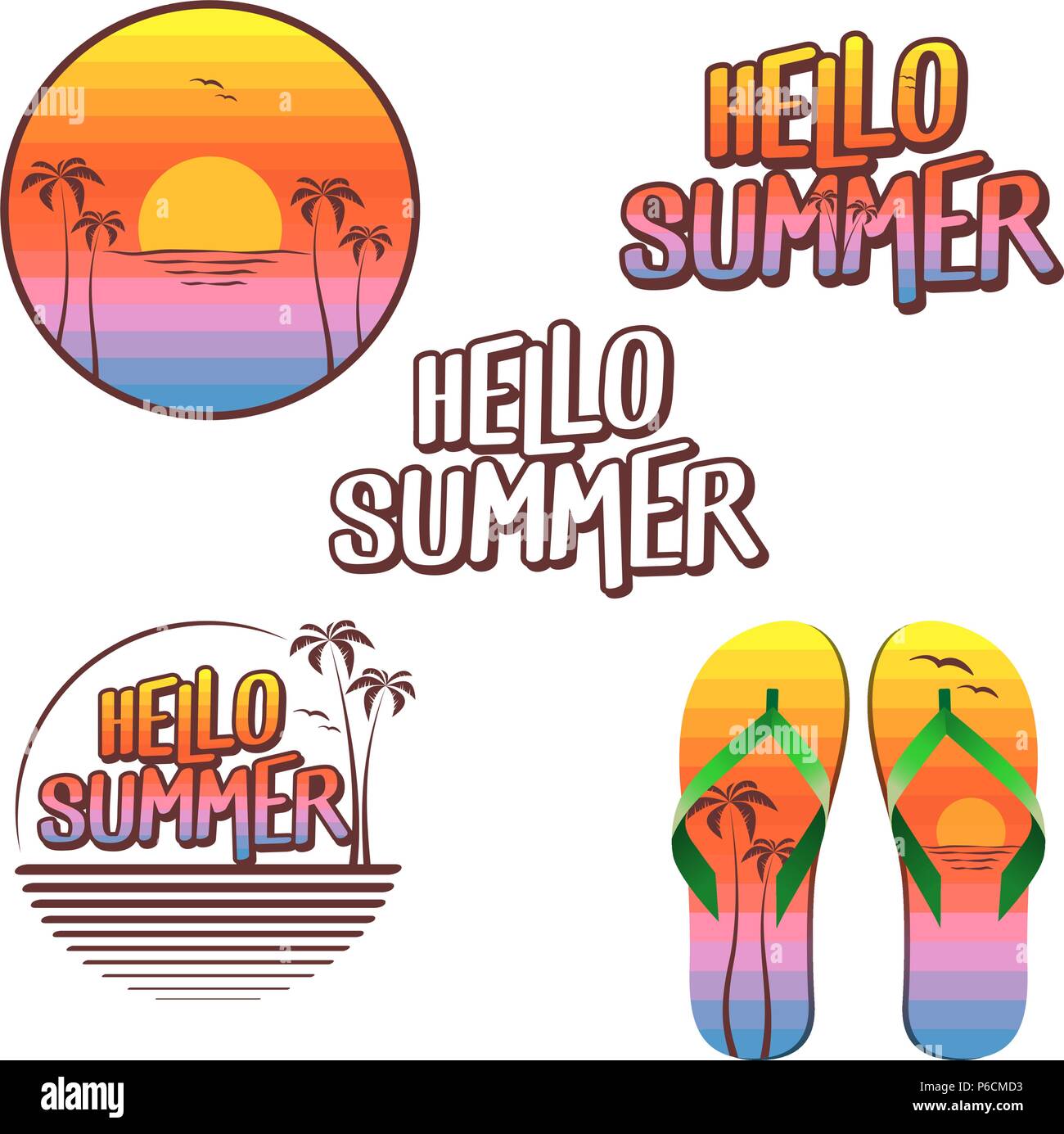 Ciao Estate illustrazione set - il logo, il testo flip flop - dipinto con i colori del tramonto Illustrazione Vettoriale