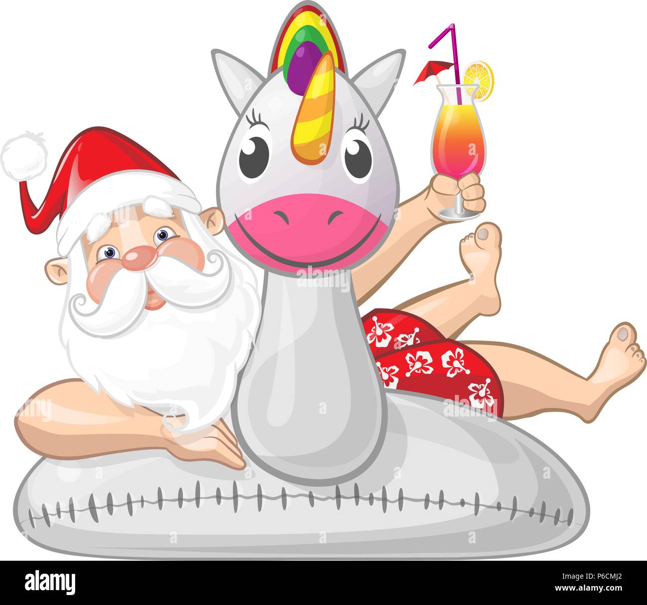 Santa Claus in vacanza estiva con Unicorn gonfiabili anello nuotare - isolato Illustrazione Vettoriale