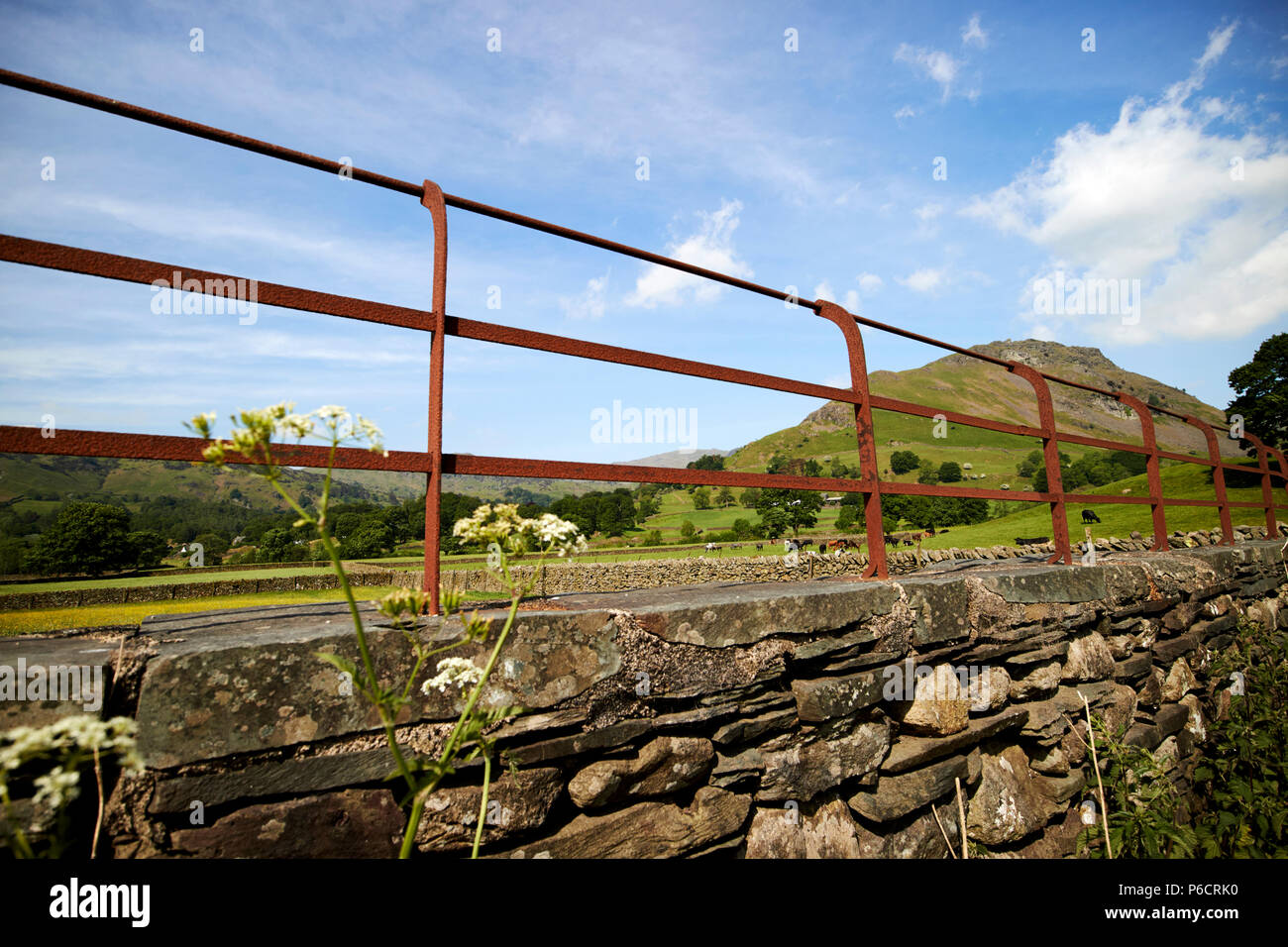 Rusty recinzione metallica sulla parte superiore della regione dei laghi di pietra a secco di ardesia muro di pietra con campi e colline vicino a Grasmere nel Lake District Cumbria Inghilterra England Regno Unito Foto Stock