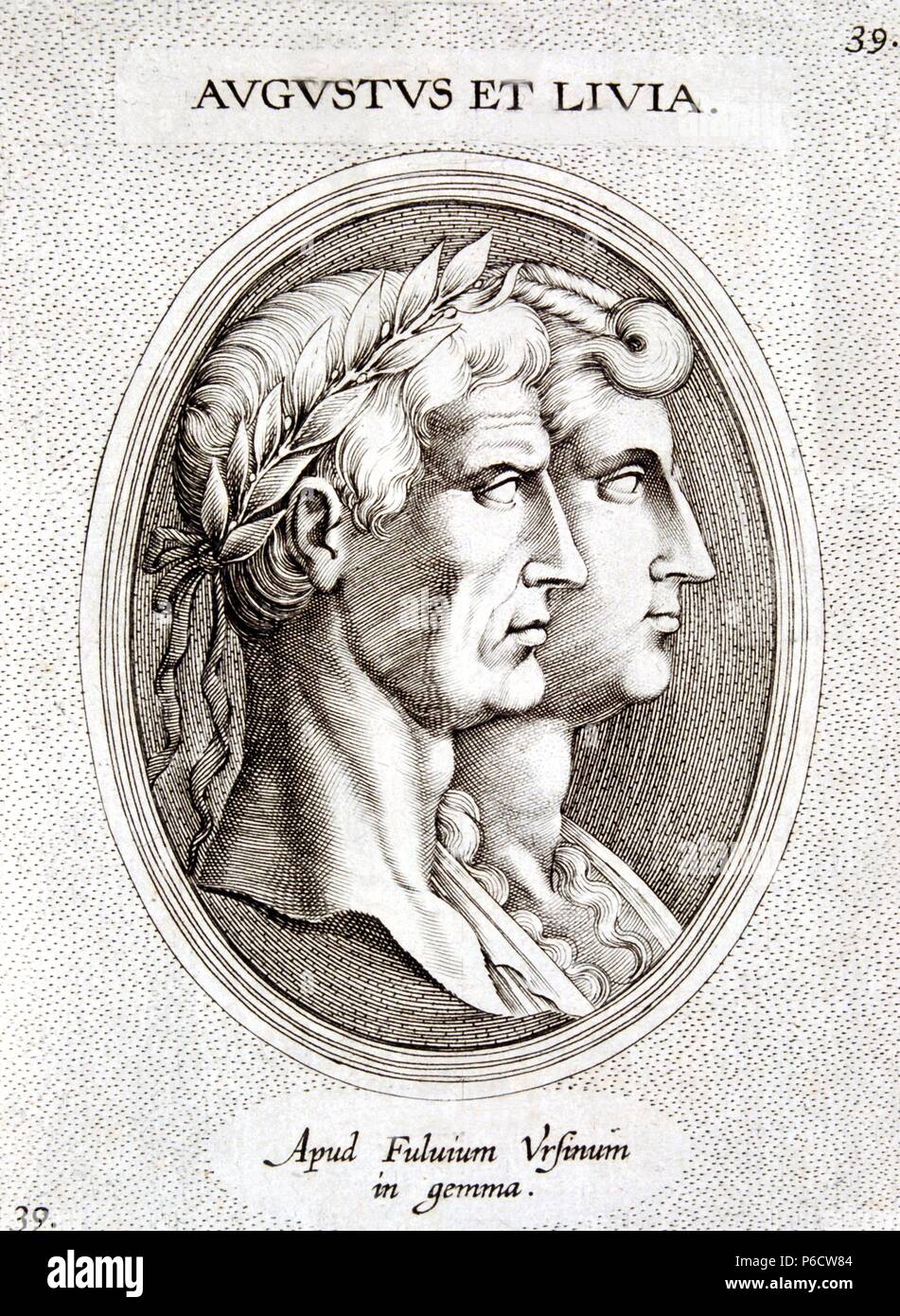 AUGUSTO, CESAR OCTAVIO. EMPERADOR ROMANO. 63 AC - 14 cc. GRABADO DE ' ILLUSTRIUM IMMAGINA ', 1606 , JUNTO A SU ESPOSA LIVIA , 55 AC - 29 cc. BIBLIOTECA Nacional. MADRID. Foto Stock