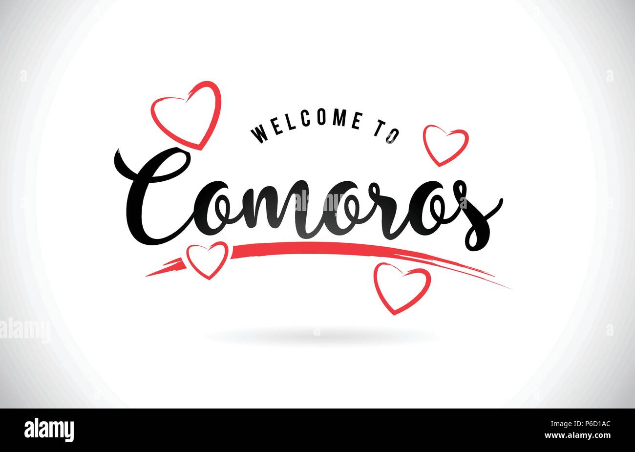 Comore Benvenuti alla parola del testo con caratteri scritti a mano e Rosso di Cuori immagine vettoriale immagine EPS. Illustrazione Vettoriale