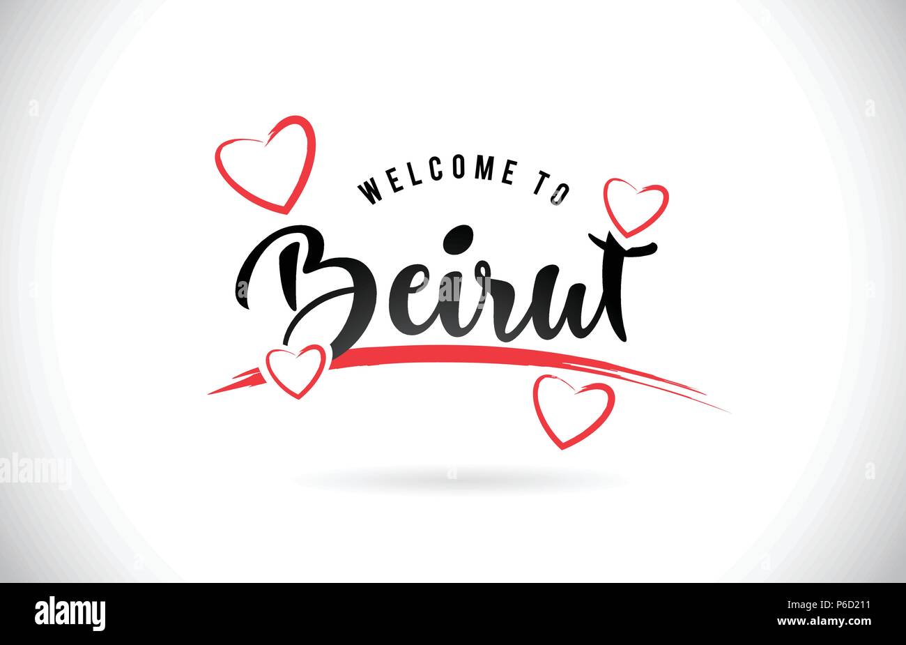 Beirut Benvenuti alla parola del testo con caratteri scritti a mano e Rosso di Cuori immagine vettoriale immagine EPS. Illustrazione Vettoriale