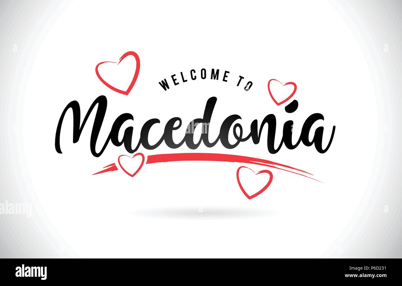 Macedonia Benvenuti alla parola del testo con caratteri scritti a mano e Rosso di Cuori immagine vettoriale immagine EPS. Illustrazione Vettoriale