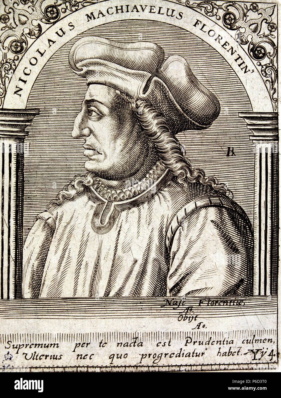 MAQUIAVELO NICOLAS. POLITICO E HISTORIADOR ITALIANO. 1469-1527. GRABADO. BIBLIOTECA Nacional. MADRID. Foto Stock