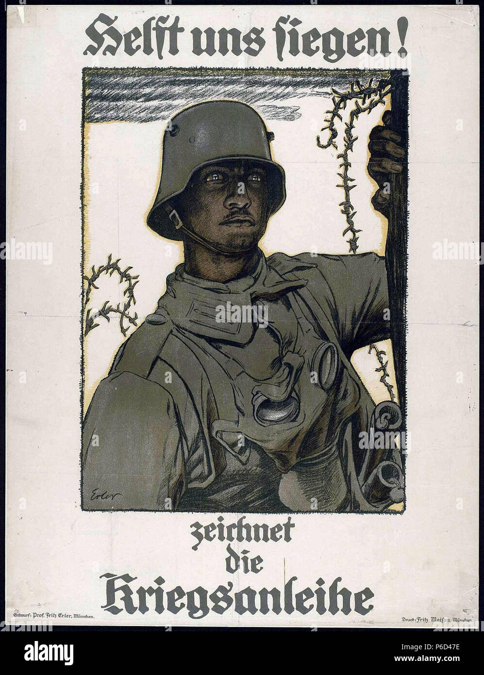 Deutsch: Werbeplakat für eine Deutsche Kriegsanleihe im 1. Weltkrieg mit einer Zeichnung von Fritz Erler. Farblithographie. Druck von Fritz Maison München. Helft uns siegen- zeichnet die Kriegsanleihe inglese: Poster per una guerra tedesca bond durante il WW1 con un disegno di Fritz Erler. Litografia colorata. Stampato da Fritz Maison Monaco di Baviera. Aiutaci a vincere - iscriviti al legame di guerra . 1917 53 Helft uns siegen Foto Stock