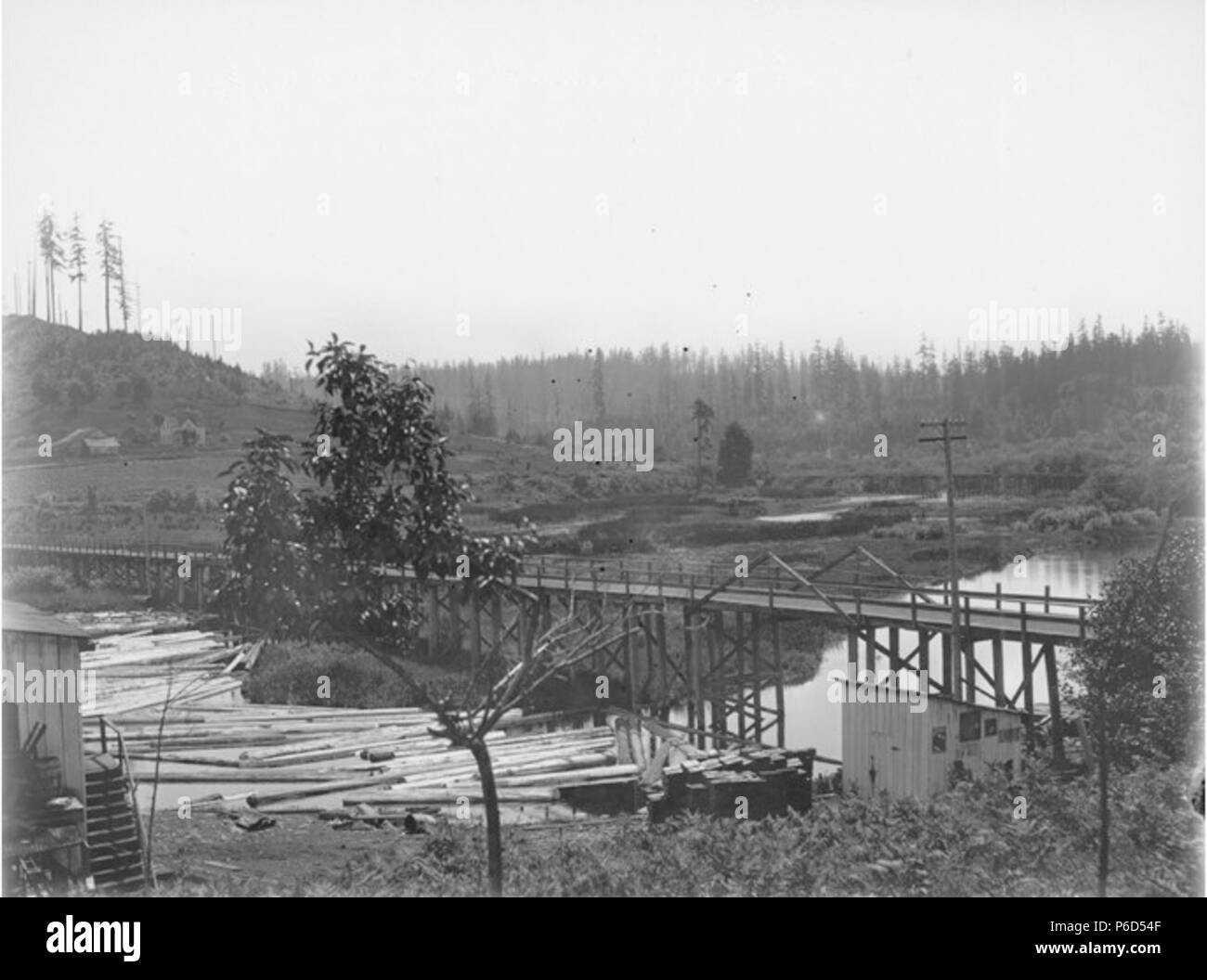 . Inglese: boom di log e ponte in prossimità di Bothell, Washington, 26 maggio 1901 . Inglese: Testo da Kiehl log: Bothell. Maggio 26, 1901 . Album 3.035 soggetti (LCTGM): Log zattere; Utility poli--Washington (stato)--Bothell soggetti (LCSH): ponti in legno--Washington (stato)--Bothell . 1901 61 Log del braccio e del ponte in prossimità di Bothell, Washington, 26 maggio 1901 (KIEHL 29) Foto Stock