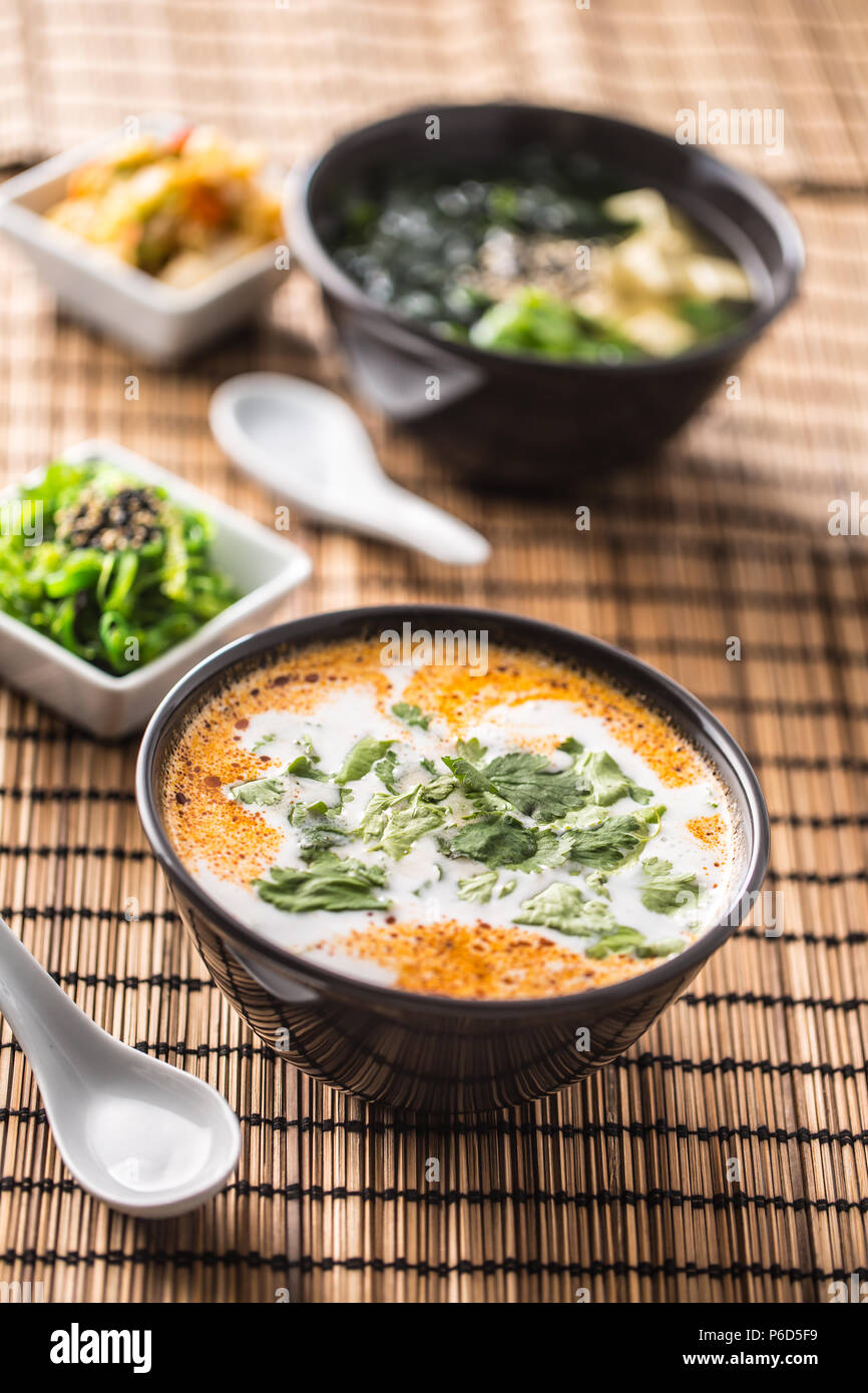 Tradizionale zuppa tailandese Tom Yum con gamberi e latte di cocco. Foto Stock
