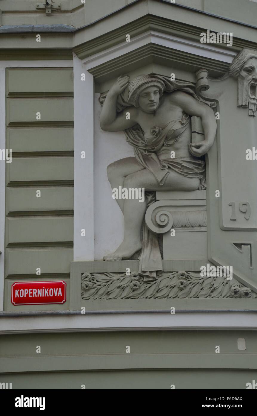Dettagli dalla facciata di una casa a Pilsen (Plzen, Repubblica Ceca Foto Stock