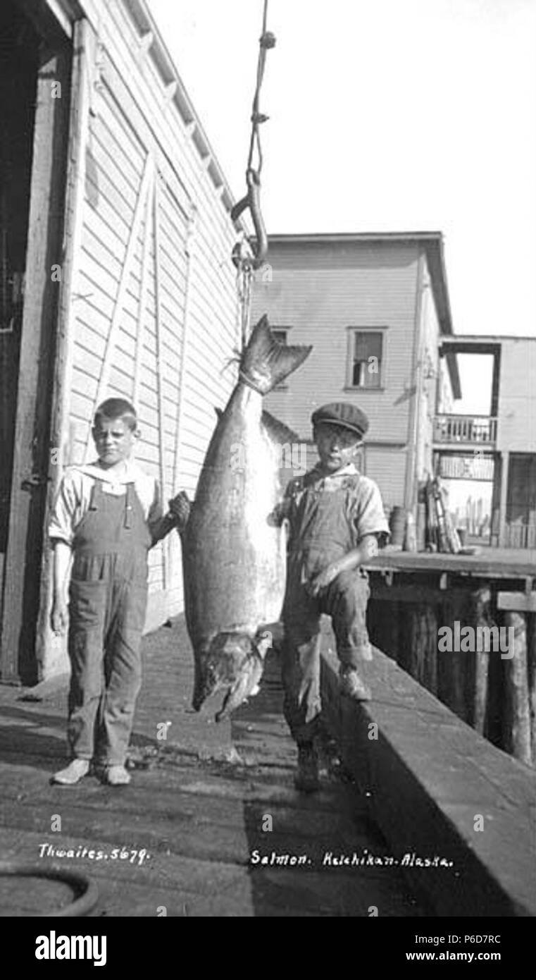. Inglese: due ragazzi con un salmone su un gancio di pesatura, Ketchikan, ca. 1912 . Inglese: didascalia sull'immagine: salmone, Ketchikan, Alaska PH Coll 247.829 soggetti (LCTGM): Boys -- Alaska - Ketchikan soggetti (LCSH): salmone del Pacifico--Alaska - Ketchikan; strumenti di pesatura--Alaska - Ketchikan; appartamento case -- Alaska - Ketchikan . circa 1912 79 due ragazzi con un salmone su un gancio di pesatura, Ketchikan, ca 1912 THWAITES (345) Foto Stock