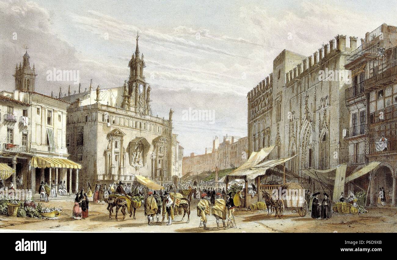 VALENCIA. PLAZA DEL Mercado. DIBUJO DE NICOLAS CHAPUY. Parigi 1844. Foto Stock