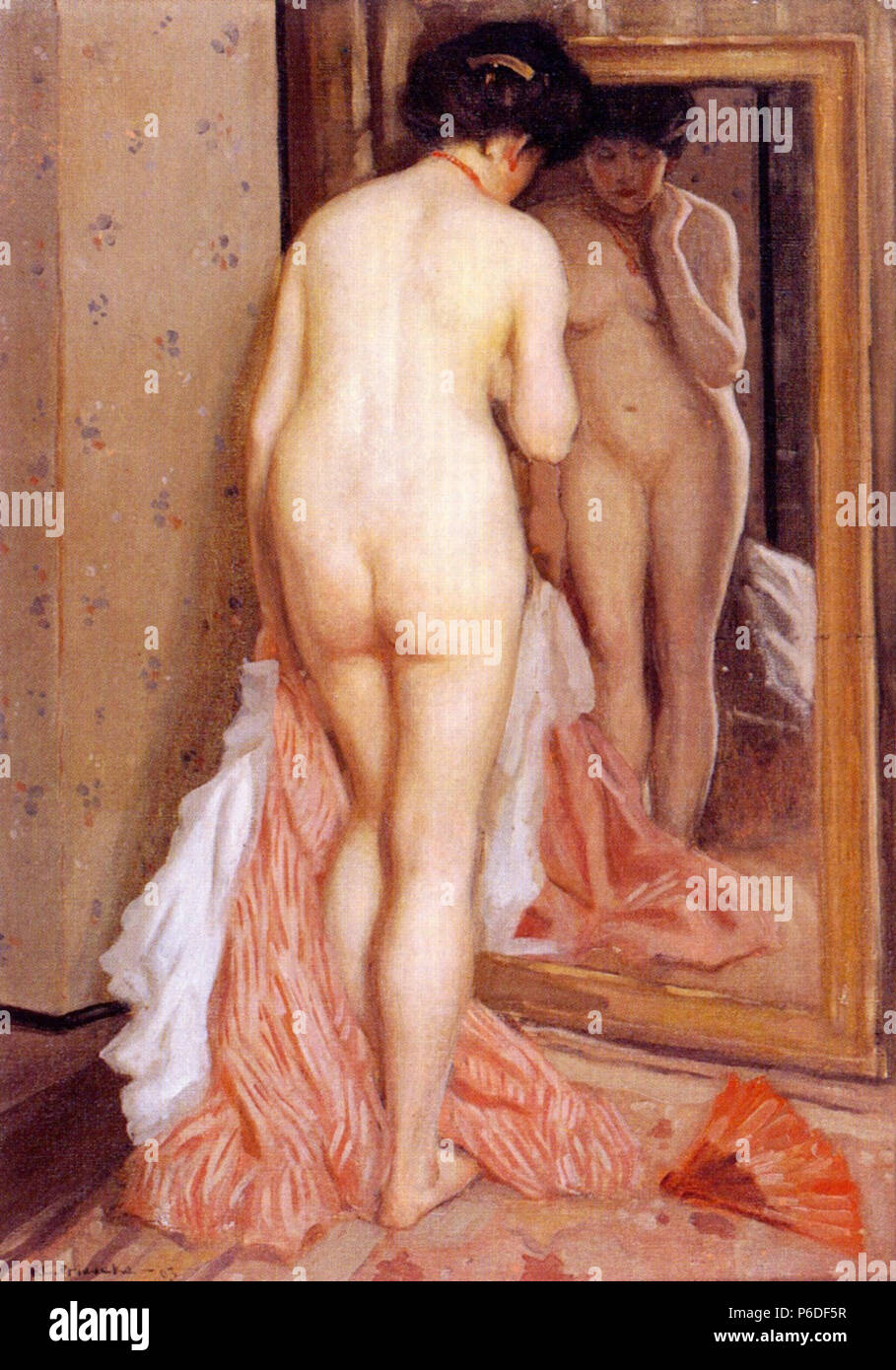 Français : prima lo specchio olio su tela Q296955/Q4259259 Altezza: 92,7 cm (36,4 in); Larghezza: 65,1 cm (25,6 in). 1903 44 Frederick Frieseke Carl, 1903 - Prima lo specchio Foto Stock