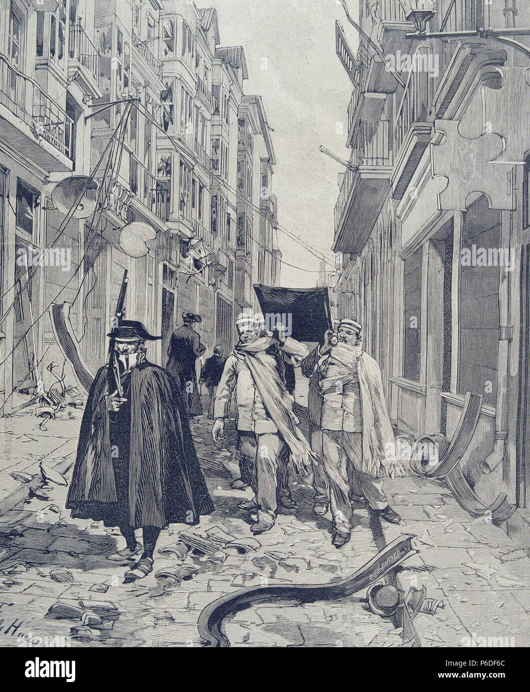 SANTANDER. Esplosione del BUQUE ' CABO MACHICHACO ' EN 1892. Unà CALLE DE LA CIUDAD DESPUES DEL DESASTRE. GRABADO. L ' ILLUSTRAZIONE. Foto Stock