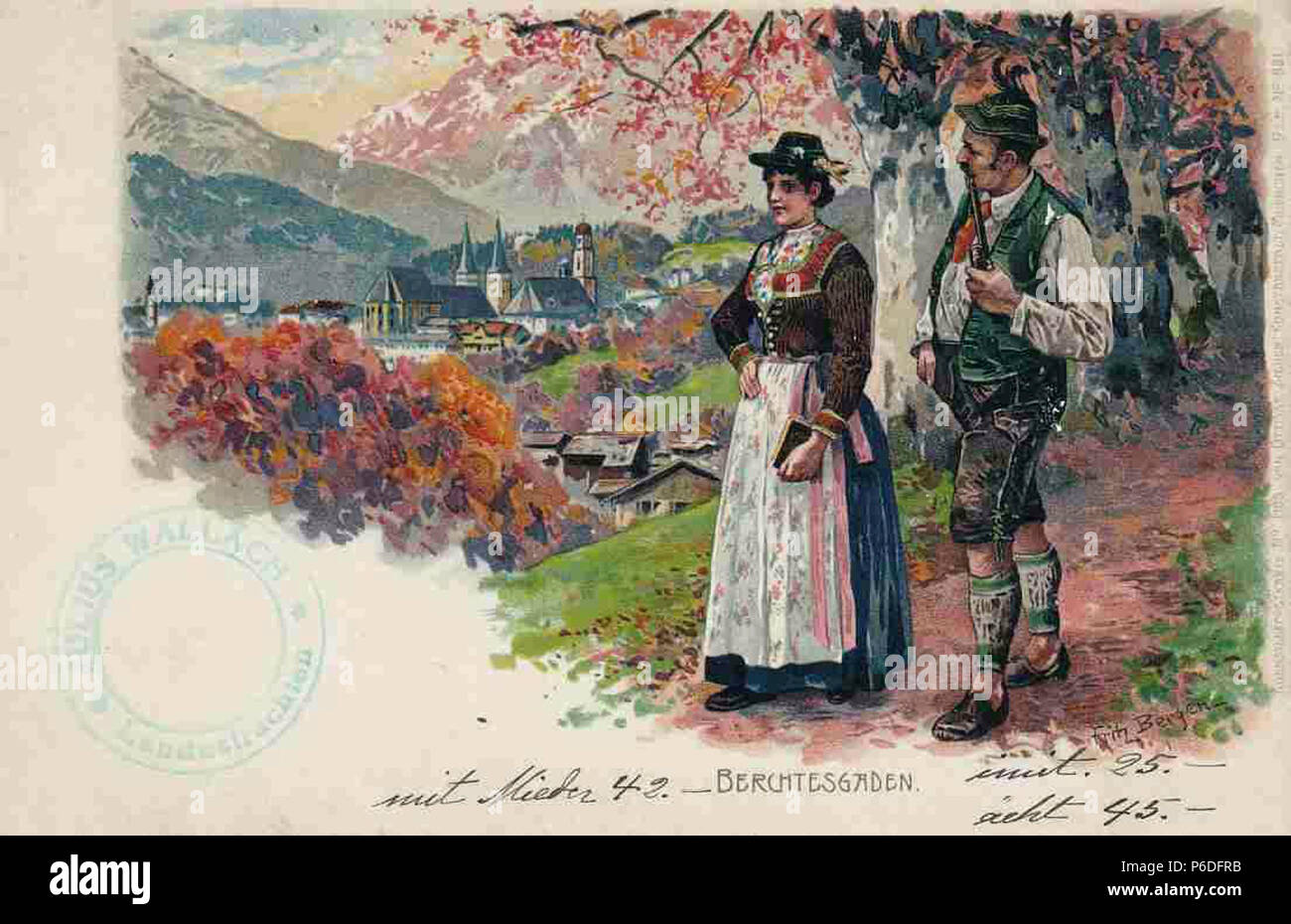 Berchtesgaden mit Trachtenpaar, Künstlerpostkarte n. 1105 von Otmar Zieher, München . circa 1900 49 Fritz Bergen AK Berchtesgaden Foto Stock