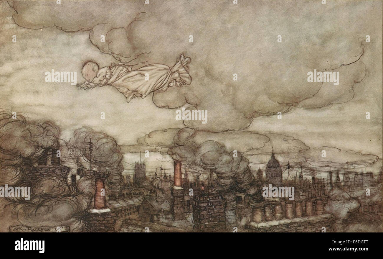 Inglese: illustrazione di Arthur Rackham per Peter Pan in Kensington Garden, etichettato 'lontano ha volato." 1906. Typ 905R.06.195 (A), Houghton Library, Harvard University . 1906 53 Houghton Typ 905R.06.195 (A) - Arthur Rackham, Peter Pan - Via ha volato Foto Stock