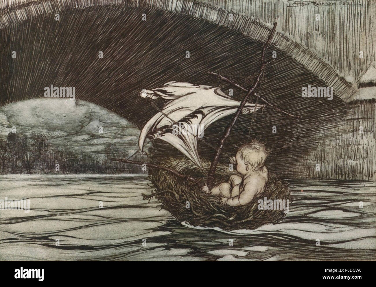 Inglese: illustrazione di Arthur Rackham per Peter Pan in Kensington Garden, etichettato 'Egli passò sotto il ponte." 1906. Typ 905R.06.195 (A), Houghton Library, Harvard University . 1906 53 Houghton Typ 905R.06.196 (A) - Arthur Rackham, Peter Pan - sotto il ponte Foto Stock