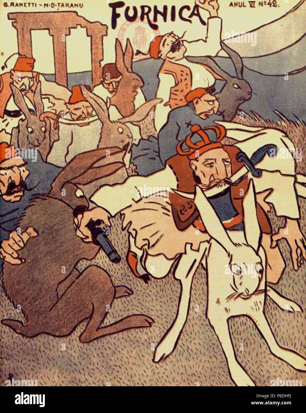 Inglese: Cartoon pubblicata sulla copertina di Furnica, il rumeno satirical, viene richiesto da un incidente diplomatico tra i regni della Grecia e della Romania. In precedenza tale mese, SMR Împratul Traian, comandata dal Capitano Perieeanu, era stato di vandalismo da civili greco mentre ancorato nel porto del Pireo; questo viene richiesto la speculazione che la Grecia è stata la riproduzione in guerra. In questo cartone animato, un fustanella-indossando George IO della Grecia, pugnale in denti e la pistola in mano, conduce una banda di Klephts. Sebbene piegato sulla guerra, questi caratteri sono in un duro lavoro controllando il loro cavallo bestie, che sono conigli giganti. L'IMA Foto Stock
