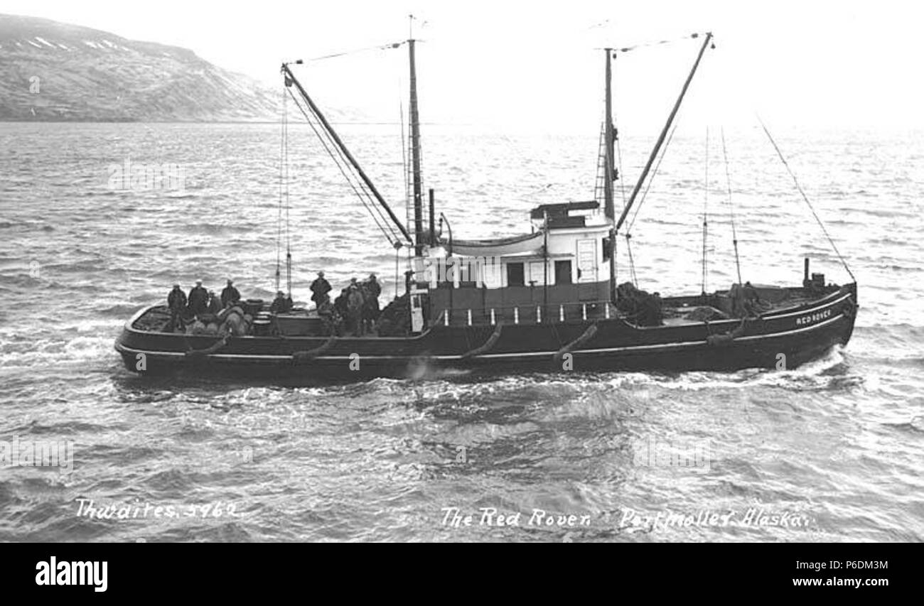 . Inglese: Motore cannery gara ROVER rosso nelle acque di Port Moller, ca. 1912 . Inglese: didascalia sull'immagine: Red Rover, Port Moller, Alaska PH Coll 247.923 Port Moller è un villaggio nel sud-ovest di Alaska. Si trova sulla penisola di Alaska all'entrata del porto Moller ingresso (20 mi lungo) di Bristol Bay sul mare di Bering. Industrie primarie sono la pesca e il pesce canning. Il ROVER rosso è stato costruito nel 1913 per Pacific American pescatori soggetti (LCTGM): Red Rover (nave); Navi--Alaska--Port Moller soggetti (LCSH): salmone industria conserviera--Alaska--Port Moller . circa 1912 64 Motore cannery GARA R Foto Stock