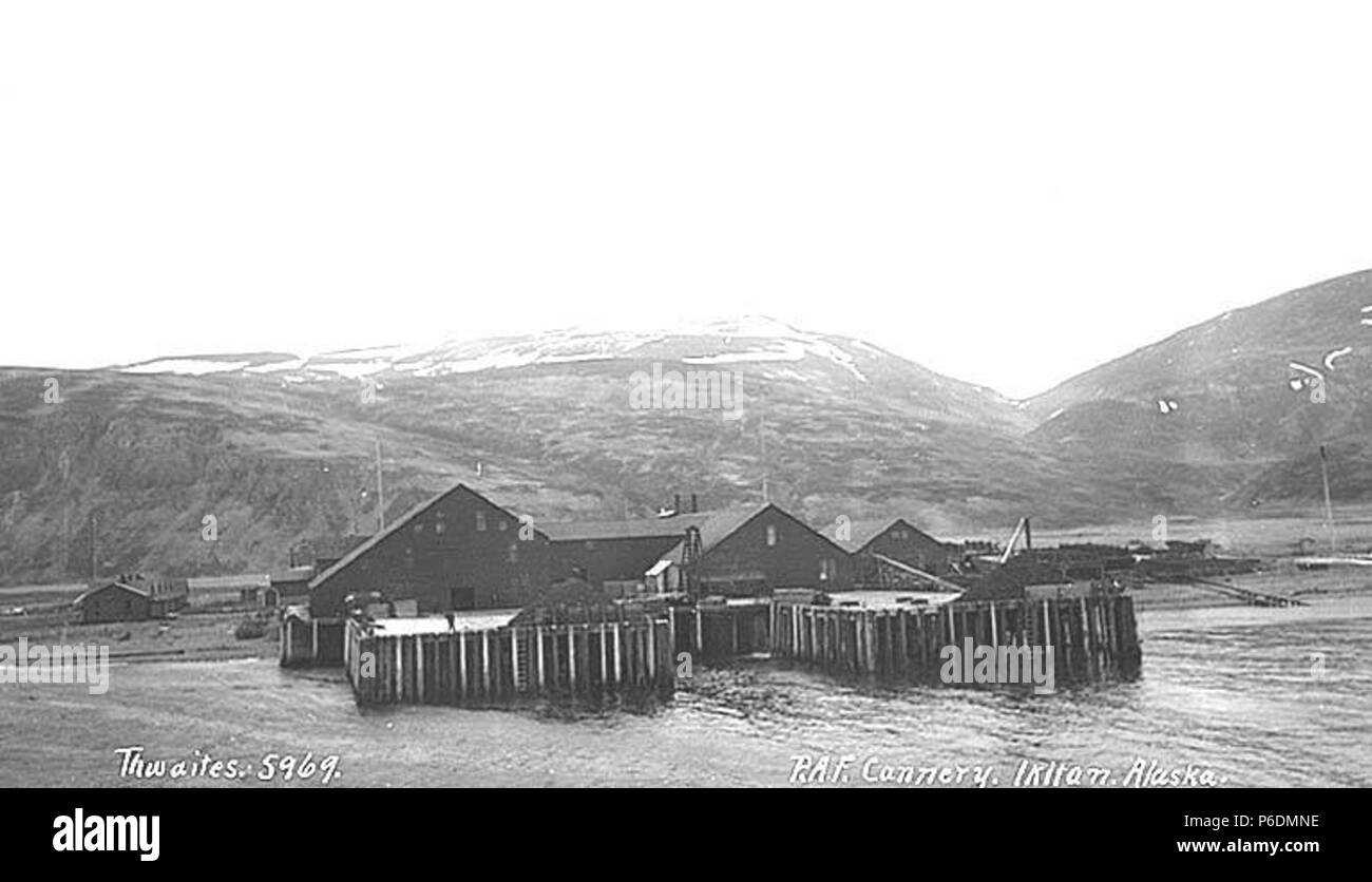 . Inglese: Pacific American Fisheries cannery in Ikatan, ca. 1918 . Inglese: Ikatan si trova sull isola Unimak didascalia sulla immagine: P.A.F. Cannery Ikitan, Alaska PH Coll 247.935 Pacific American Fisheries cannery in Ikatan ha prodotto il suo primo salmone in scatola pack nel 1917. Soggetti (LCTGM): Pacific American Pesca, Inc.--strutture -- Alaska--Ikatan; moli e banchine--Alaska--Ikatan soggetti (LCSH): salmone conservifici--Alaska--Ikatan; salmone industria conserviera--Alaska--Ikatan . circa 1918 66 Pacific American Fisheries cannery in Ikatan, ca 1918 THWAITES (377) Foto Stock
