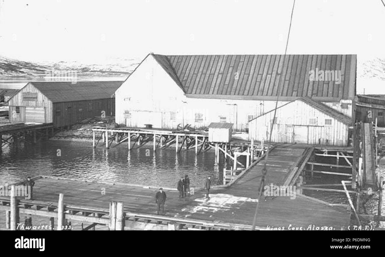 . Inglese: Pacific American Fisheries cannery at King Cove, ca. 1910 . Inglese: didascalia sull'immagine: Kings Cove, Alaska (P.A.F.) PH Coll 247.363 Pacific American Pesca, Inc., uno dei maggiori al mondo di salmone le operazioni di inscatolamento, operato sul Puget Sound e in Alaska tra 1899 e 1965, con sede a Bellingham, Washington. Come uno dei più grandi del mondo i processori di salmone del Pacifico, il PAF rivendicato un mercato globale e la società aveva regionale, nazionale e anche di rilievo internazionale. Il PAF contribuito in molte innovazioni significative per lo sviluppo del settore, inclusi floating c Foto Stock