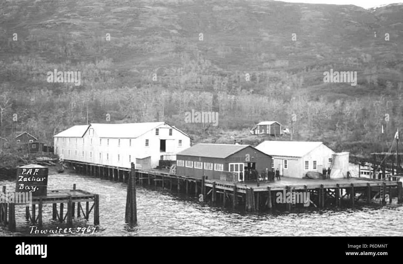 . Inglese: Pacific American Fisheries cannery in Zachar Bay, ca. 1912 . Inglese: Zachar Bay si estende a sud-est 8.5 miglia fuori Uyak baia sulla costa nord-occidentale della isola di Kodiak . Didascalia sulla immagine: P.A.F. Zachar Bay . PH Coll 247.931 soggetti (LCTGM): Pacific American Pesca, Inc.--strutture -- Alaska; moli e banchine--Alaska; Zachar Bay (Alaska) soggetti (LCSH): salmone conservifici--Alaska--Zachar Bay; salmone industria conserviera--Alaska--Zachar Bay . circa 1912 66 Pacific American Fisheries cannery in Zachar Bay, ca 1912 THWAITES (378) Foto Stock