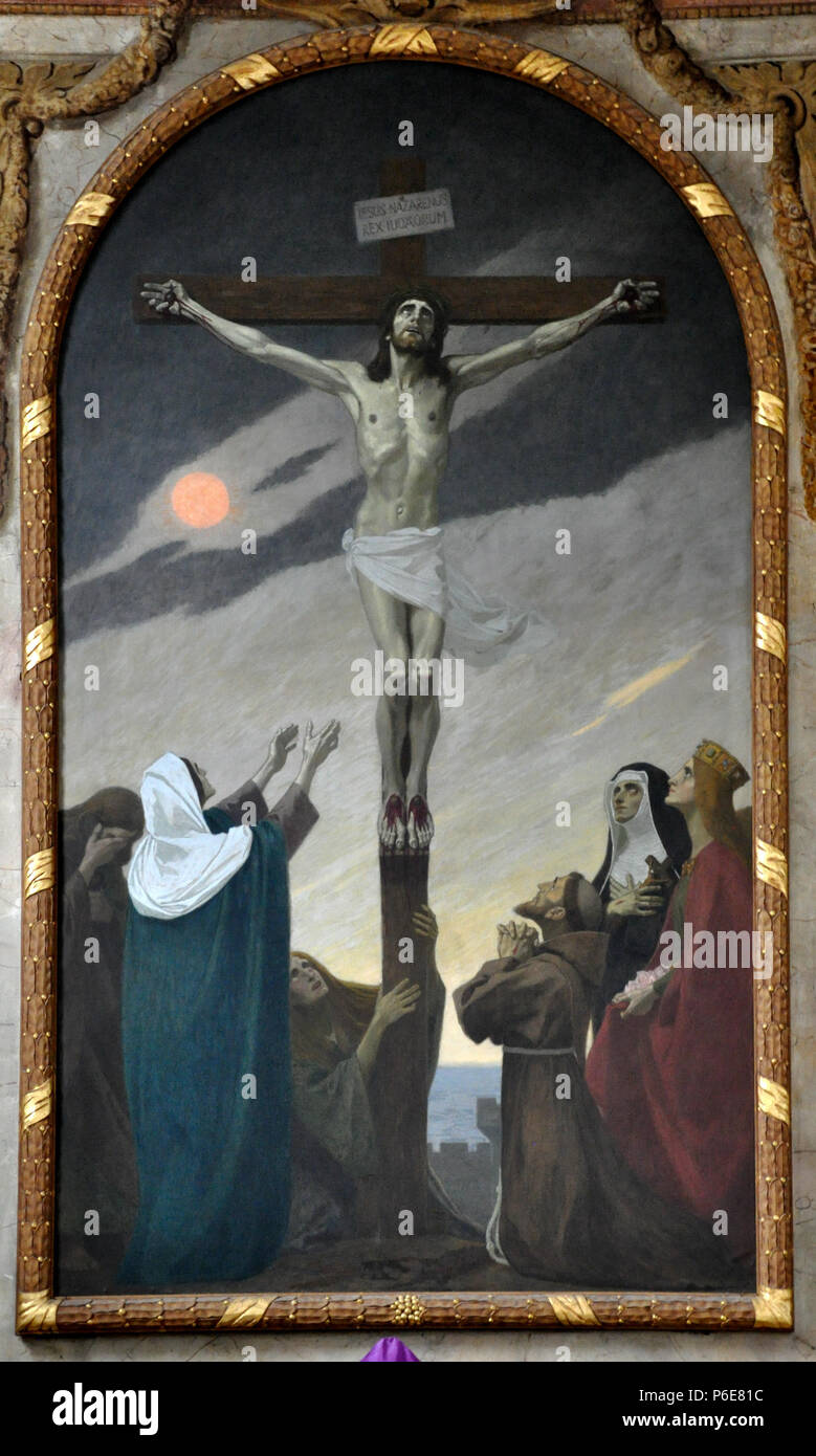 Bad Saulgau, Kath. Kirche St. Antonius, Hochaltarblatt 'Kreuzigung' von Gebhard Fugel, 1921, unter dem Kreuz Maria, Johannes, Hl. Antonius, Gute Beth von Reute, Hl. Elisabeth . Aprile 2014 73 Saulgau Antoniuskirche Hochaltarblatt Fugel Foto Stock