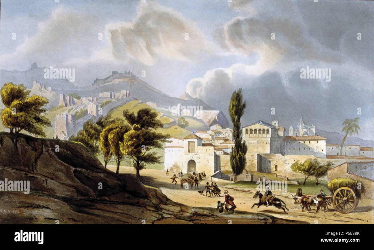 VALENCIA. JATIVA. VISTA DESDE SAN FELIPE. DIBUJO DE NICOLAS CHAPUY. Parigi 1844. Foto Stock