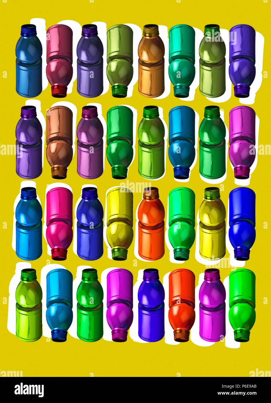 Vivacemente colorato di bottiglie in plastica, illustrazione. Foto Stock