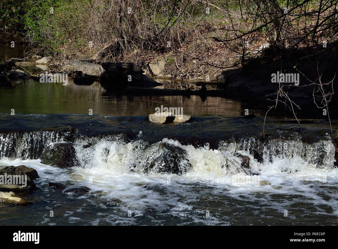 La caduta Creek, affluente del fiume James, fuori della strada Cogbill, Richmond, Virginia, Stati Uniti d'America Foto Stock