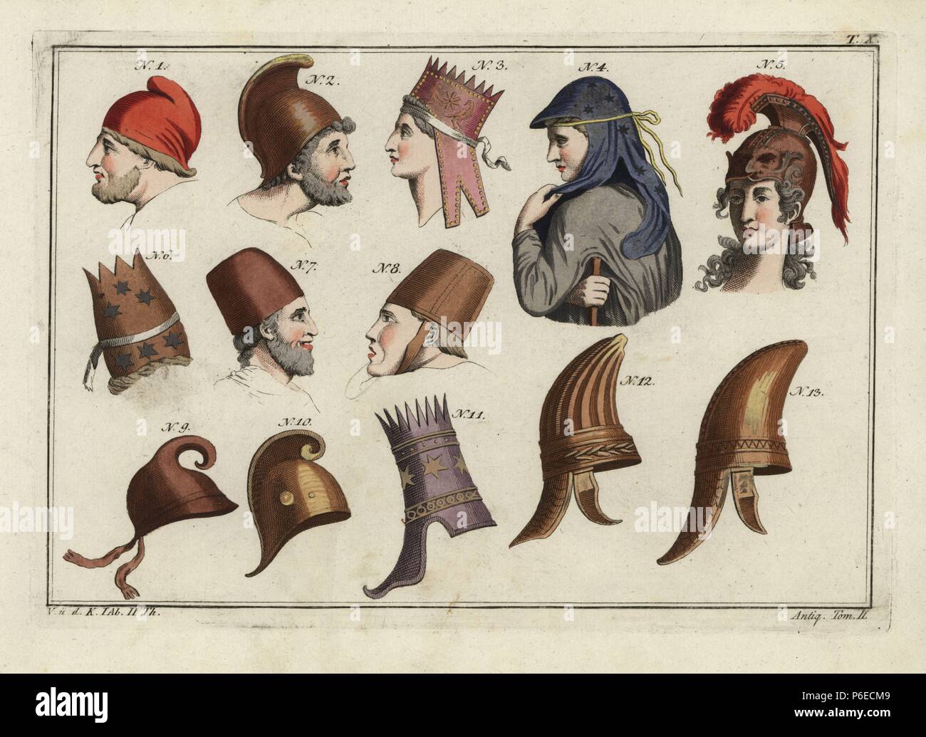 Barbaro cofano (1), frigia casco (2), Triganes il grande re di Armenia (3),  frigia copricapo (4), Amazon casco (5), principe armeno il cofano (6), i  daci cappelli (7-8), Ajax del casco (9),