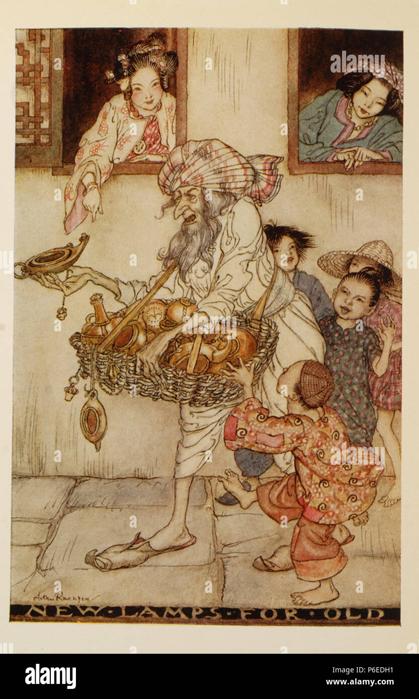 Nederlands: Illustrazione da 'La storia di Aladdin, o la lampada meravigliosa' . 7 luglio 2011, 22:27:20 6 Arthur-Rackham-Aladdin-New-lampade-per-vecchio Foto Stock