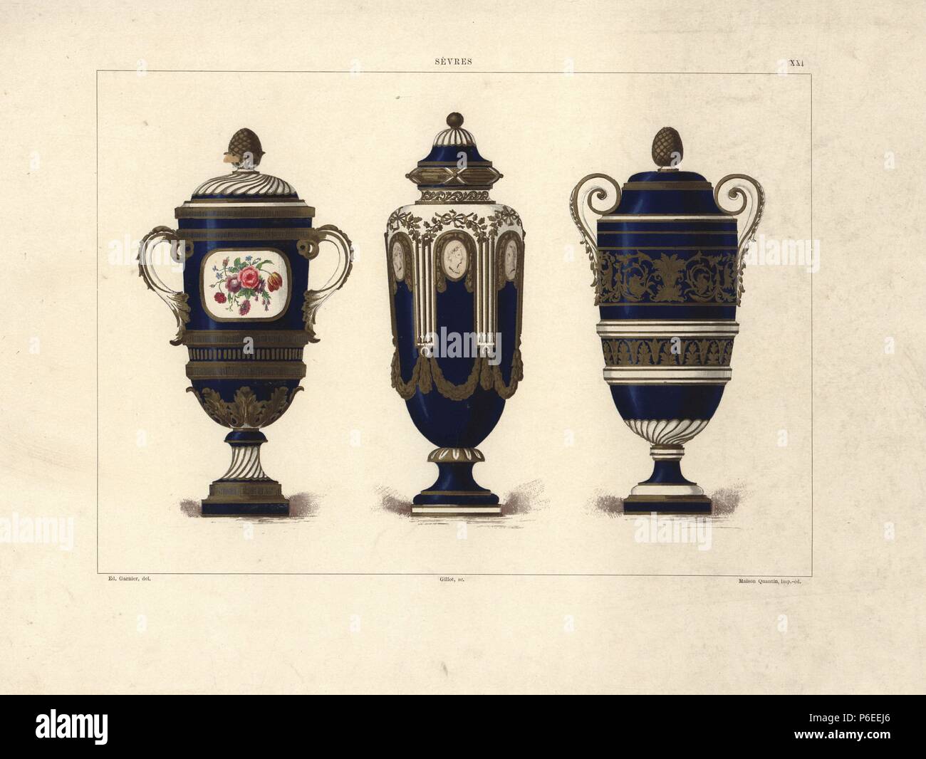 Vaso con rose inviato da Luigi XVI di Tippoo-Sahib 1788, vaso con ritratti di cameo e vaso con fregio. Chromolithograph da Gillot di una illustrazione da Edouard Garnier dalla pasta morbida porcellane di Sèvres, Maison Quantin, Parigi, 1891. Foto Stock