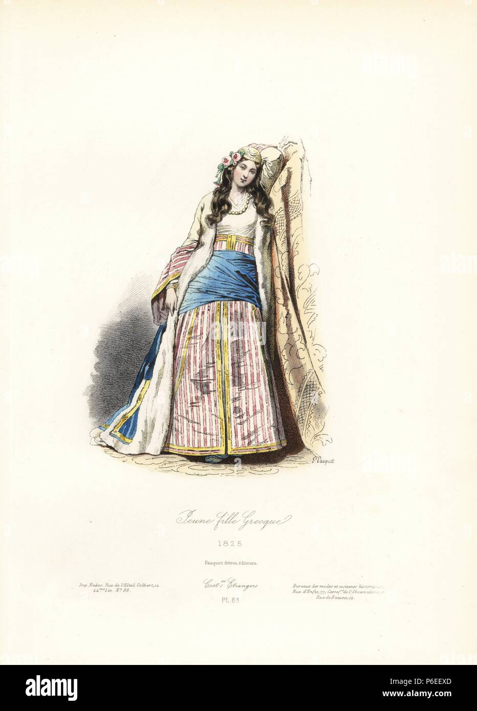 Ragazza greca, 1825. Acciaio Handcolored incisione di critica Polydor Pauquet dai fratelli Pauquet 'Modi et costumi Etrangers Anciens et Modernes' (estera delle mode e dei costumi antichi e moderni), Paris, 1865. Hippolyte (b. 1797) e critica Polydor Pauquet (b. 1799) ha eseguito con successo una casa editrice di Parigi nel XIX secolo, specializzata in libri illustrati sul costume, uccelli, farfalle, anatomia e storia naturale. Foto Stock