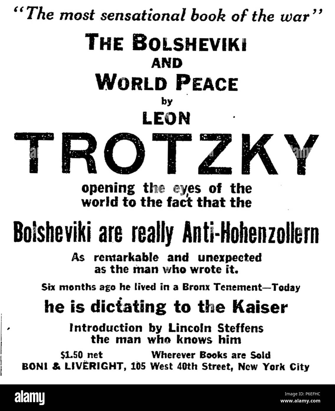 Inglese: Annuncio . 20 Gennaio 1918 8 Boni Liveright Trotsky annuncio Foto Stock