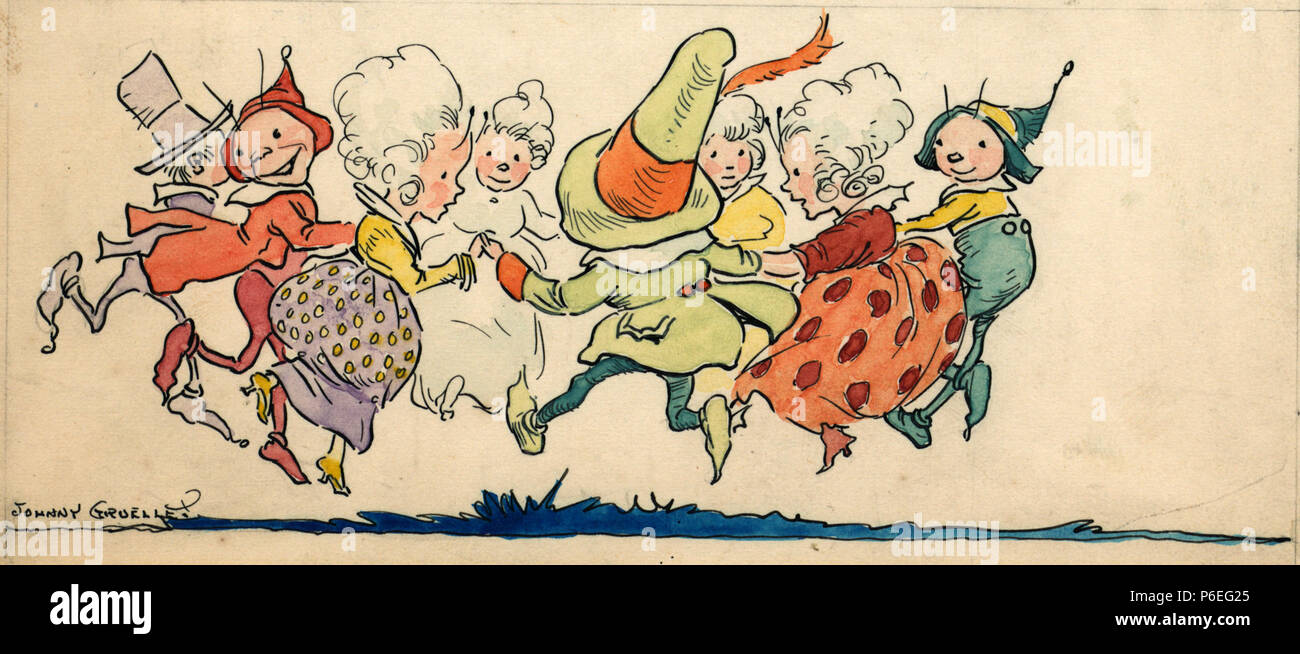 Inglese: questo disegno raffigurante allegramente vestito elfi dancing, è per la storia Tim Tim Tamytam, circa un elfo e sua moglie che sono aiutati da altri elfi per trovare una nuova casa dopo la loro vecchia casa è distrutta. Pubblicato in: Friendly fate da Johnny Gruelle. New York, Chicago [ecc] : P.F. Volland Company, 1919. . 19 Giugno 1919 56 Johnny Gruelle - Tim Tim Tamytam ppmsca.05877 Foto Stock