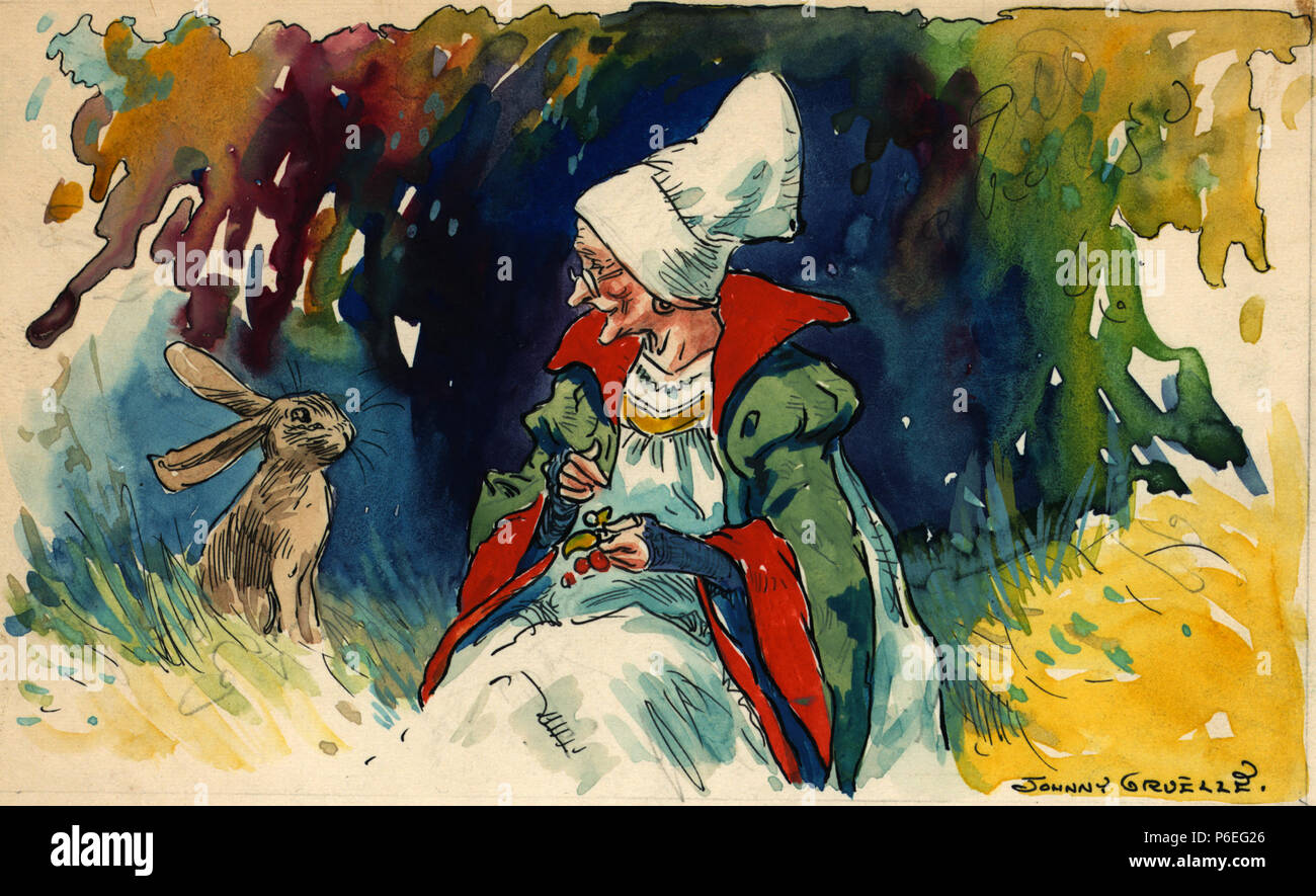 Inglese: questo disegno raffigurante un coniglio ammirate Sally Migrundy, una vecchia signora in un lungo abito bianco e cappuccio bianco è una illustrazione per la storia Sally Migrundy, circa una buona fata che ha preso a bambini orfani. Pubblicato in: Friendly fate da Johnny Gruelle. New York, Chicago [ecc] : P.F. Volland Company, 1919. . 19 Giugno 1919 56 Johnny Gruelle - Sally Migrundy Foto Stock