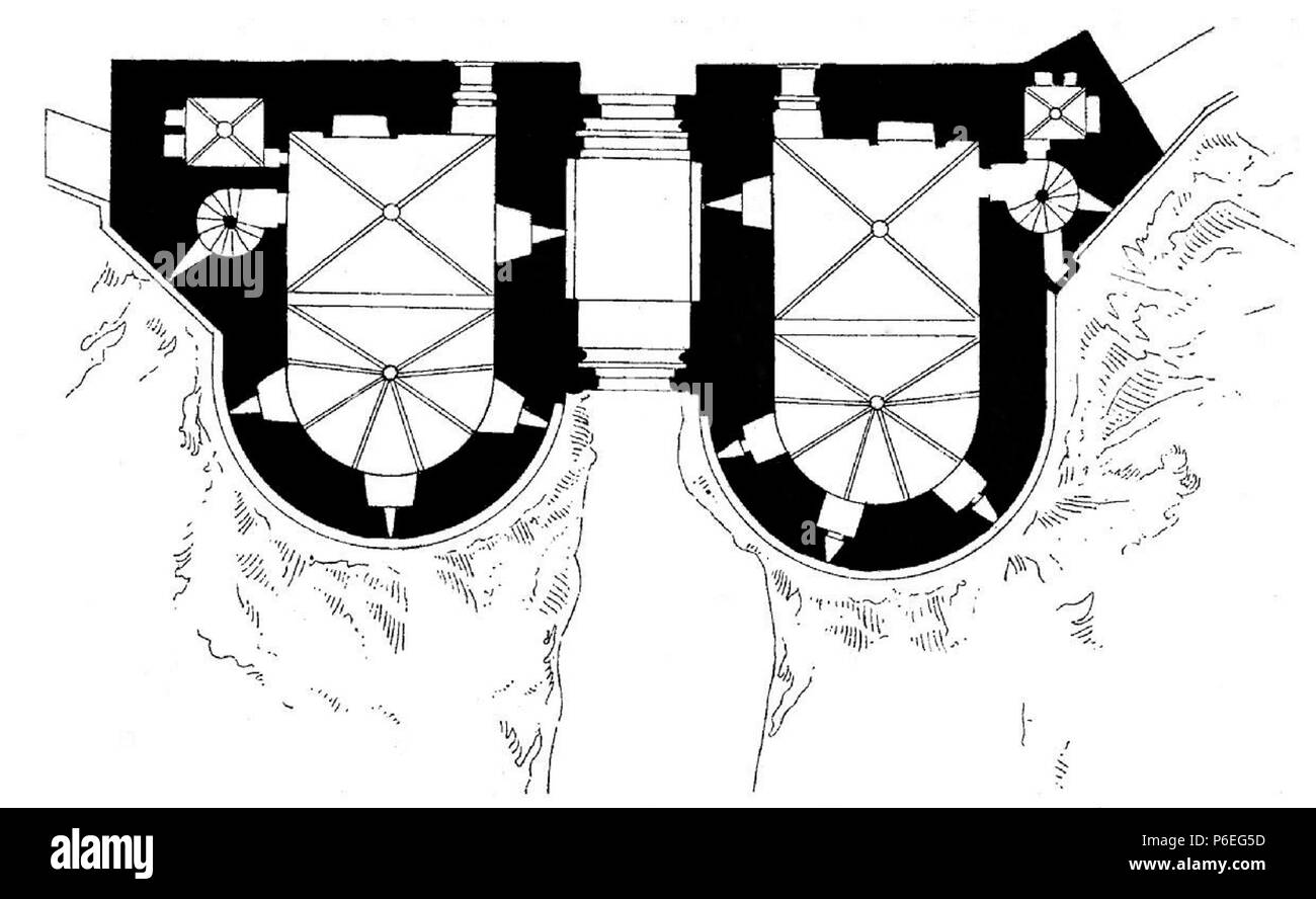 Inglese: piano piano delle torri gemelle della Gatehouse of Forte Saint-André a Villeneuve-lès Avignon. Una figura simile è stato pubblicato come la figura 2 a pagina 490 in Maigret, Chantal (2000), "Le Château de' Saint-André, Congrès archéologique de France - Monumenti du Gard, 157e sessione 1999 (in francese), Paris: Société française d'archéologie, pagg. 489-493. 1910 59 Labande 1910 Fort Saint Andre gatehouse plan Foto Stock