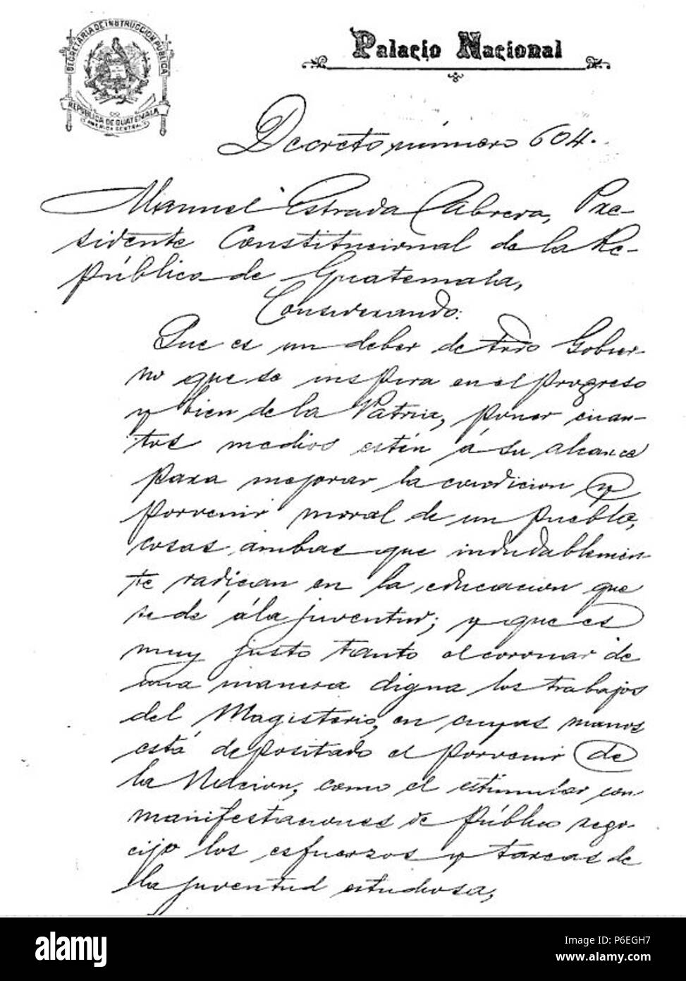 Español: Decreto 604 de la creación de las fiestas de Minerva en Guatemala, 1899. 1899 12 Decreto604a Foto Stock