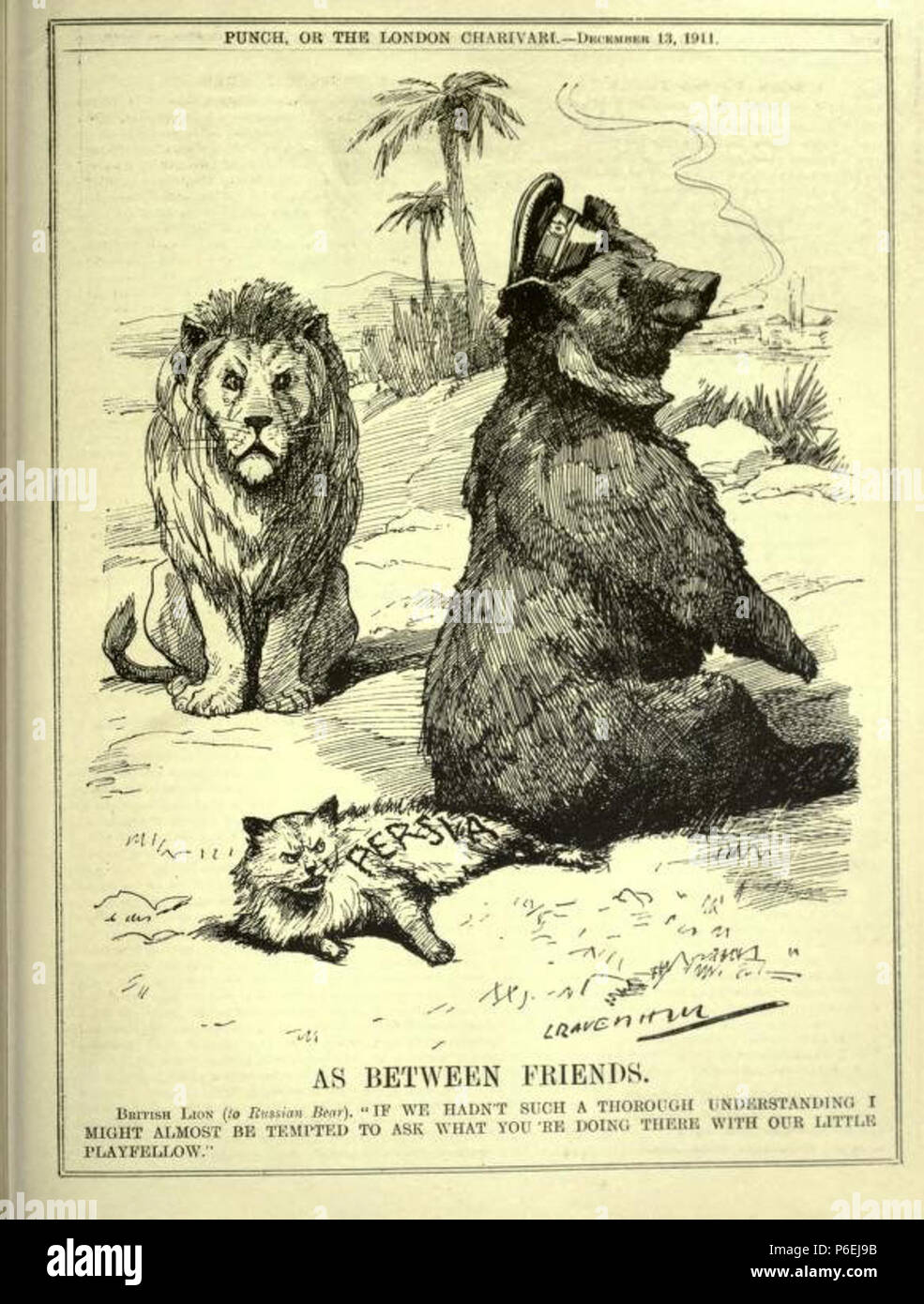 . Inglese: come tra amici. . Inglese: un cartone animato dall'inglese rivista satirica Il punzone o la London Charivari. Con l'orso russo seduti sulla coda del gatto persiano mentre il British Leone guarda su esso rappresenta una fase di grande gioco. La didascalia recita: 'come tra amici. British Lion (all'orso russo). "Se non avessimo una tale comprensione approfondita mi potrebbe quasi essere tentati di chiedere che cosa stai facendo con i nostri piccoli PLAYFELLOW.'' . 13 Dicembre 1911 6 come tra amici (Punch magazine, 13 dicembre 1911) Foto Stock