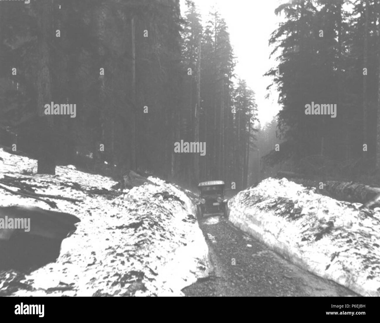 . Inglese: Automobile sulla neve del tratto di strada vicino a Snoqualmie Pass, Washington, 4 luglio 1916 . Inglese: Probabilmente preso su uno della Kiehl famiglia viaggi in automobile. Kiehl ha acquistato la sua prima automobile nel 1915 . Sul verso dell'immagine: Auto sulla neve del tratto di strada. Snoqualmie pass di viaggio. Luglio 4, 1916. Album 1.212 soggetti (LCTGM): strade sterrate--Washington (stato) soggetti (LCSH): Automobili--Washington (stato)--Snoqualmie Foresta Nazionale; Snoqualmie Pass Regione (King County e Kittitas County, Washington) . 1916 6 Automobile sulla neve del tratto di strada vicino a Snoqualmie Pass, Washington, 4 luglio 1916 (KIEHL 21 Foto Stock