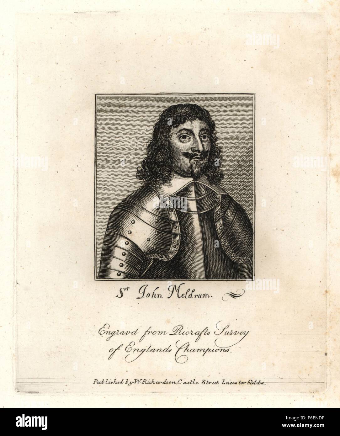 Sir John Meldrum, Generale per il Parlamento. Morì 1645. Da Ricraft's " indagine di Inghilterra del Champions.' incisione su rame da Richardson "Ritratti che illustra Granger biografico della storia dell'Inghilterra", London, 1792-1812. Pubblicato da William Richardson, printseller, Londra. James Granger (1723-1776) era un ecclesiastico inglese, biografo e collezionista di stampa. Foto Stock