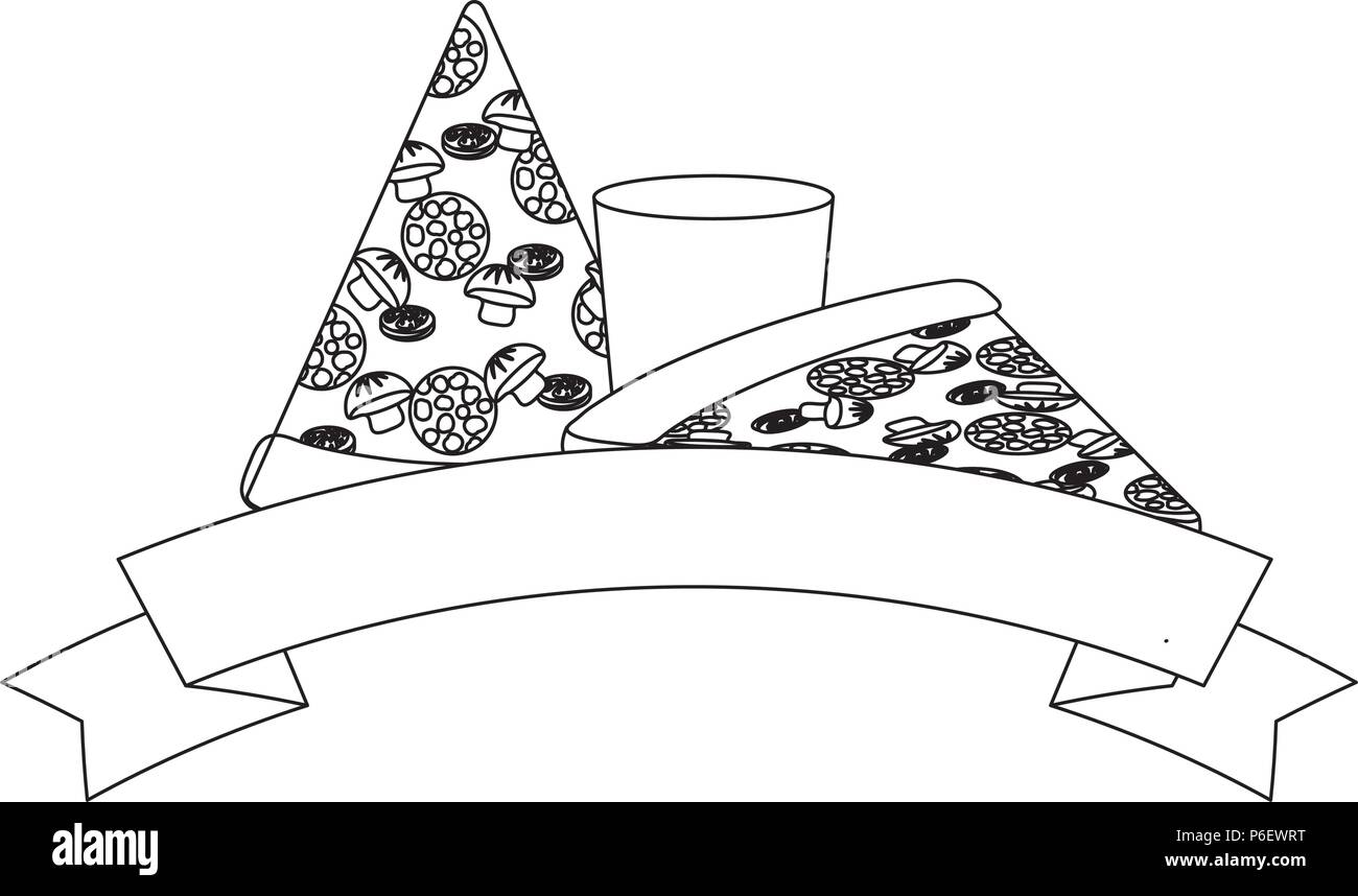 Nastro decorativo con fette di pizza e icona di vetro su sfondo bianco, illustrazione vettoriale Illustrazione Vettoriale