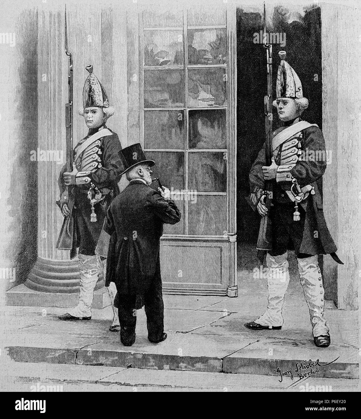 . Die Gartenlaube. Bild aus Seite 796 in 'Die Gartenlaube'. Immagine dalla pagina 796 della rivista Die Gartenlaube, 1895. Deutsch: Bildunterschrift: "Menzel betritt als Ehrengast des Kaiser Schloß Sanssouci. Nach einer Originalzeichnung von G. Schöbel." inglese: didascalia: 'Menzel betritt als Ehrengast des Kaiser Schloß Sanssouci. Nach einer Originalzeichnung von G. Schöbel." . N/A 23 Die Gartenlaube (1895) b 796 Foto Stock